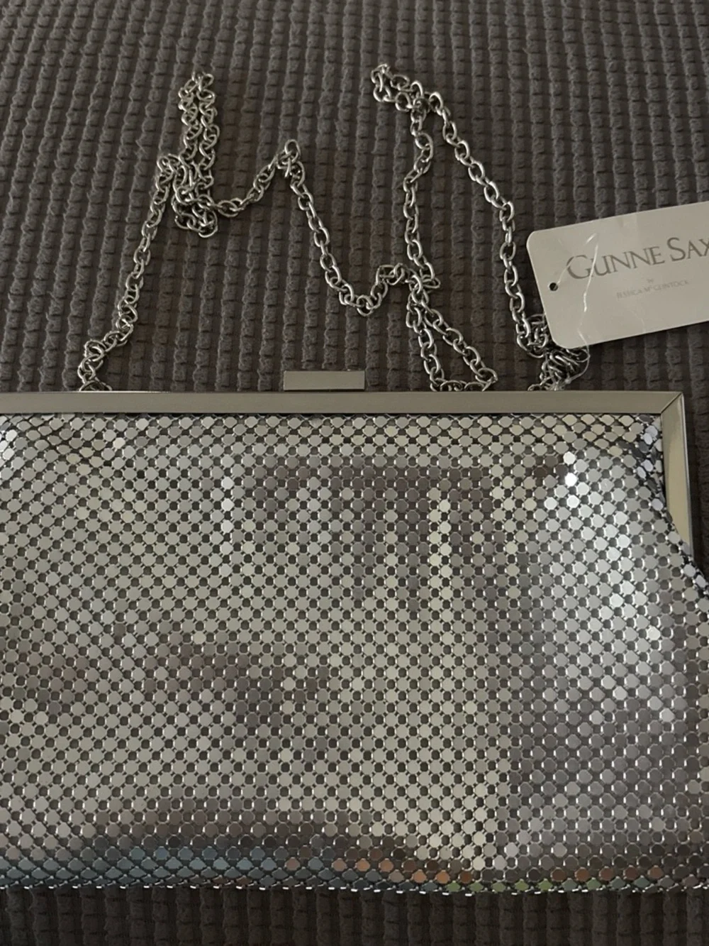 Gunne Sax Silver Metallic Mesh Frame Clutch with Chain